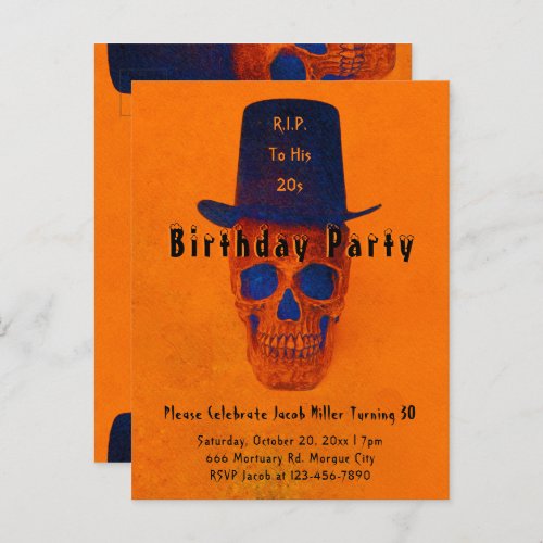 Skull Top Hat Vintage Orange Blue RIP To His 20s Invitation Postcard