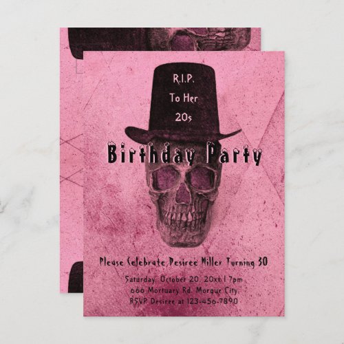Skull Top Hat Vintage Pink RIP To Her 20s Invitation Postcard