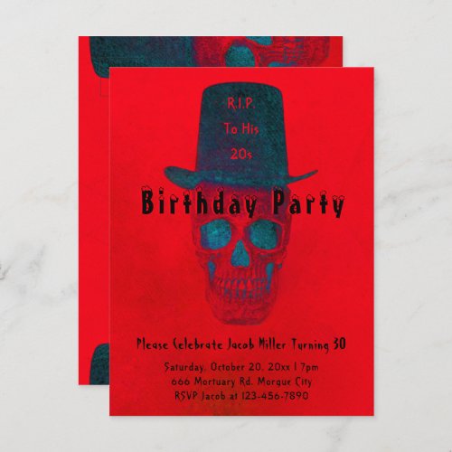 Skull Top Hat Vintage Red Blue RIP To His 20s Invitation Postcard
