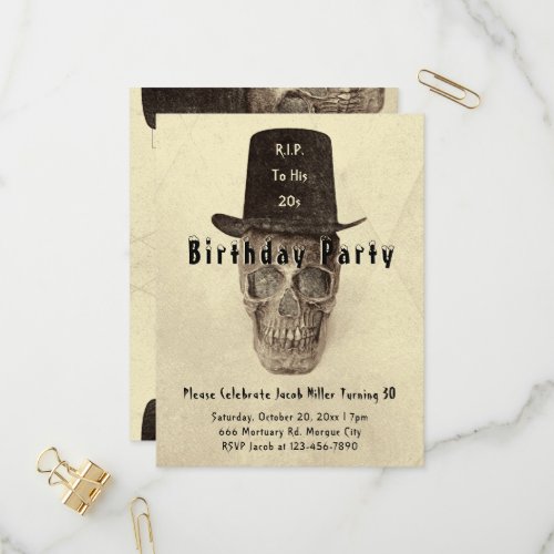 Skull Top Hat Vintage Sepia RIP To His 20s Invitation Postcard