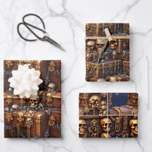 Skull treasure chest 3D brown gold pirate theme Wrapping Paper Sheets
