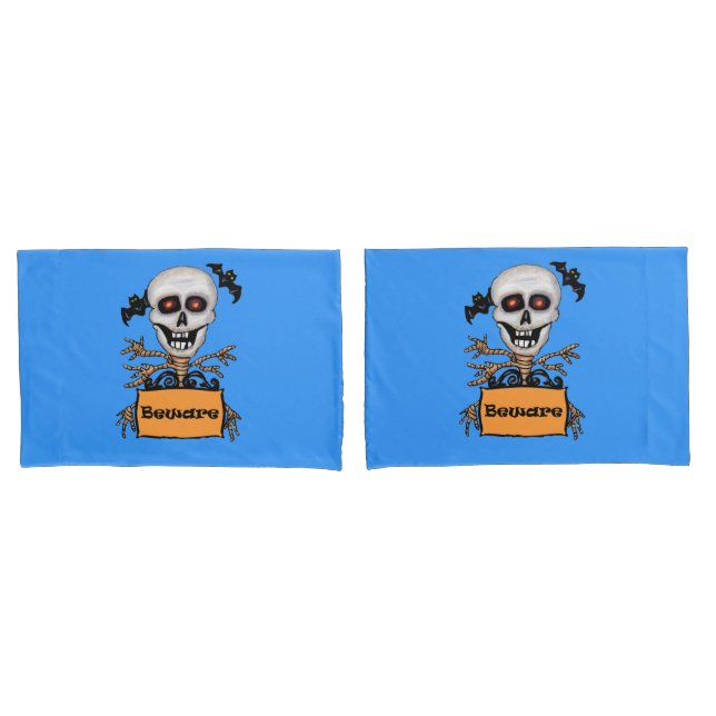 Skull Tree Branch Arms Beware Sign Bats Blue Pillow Case (Front-Set)