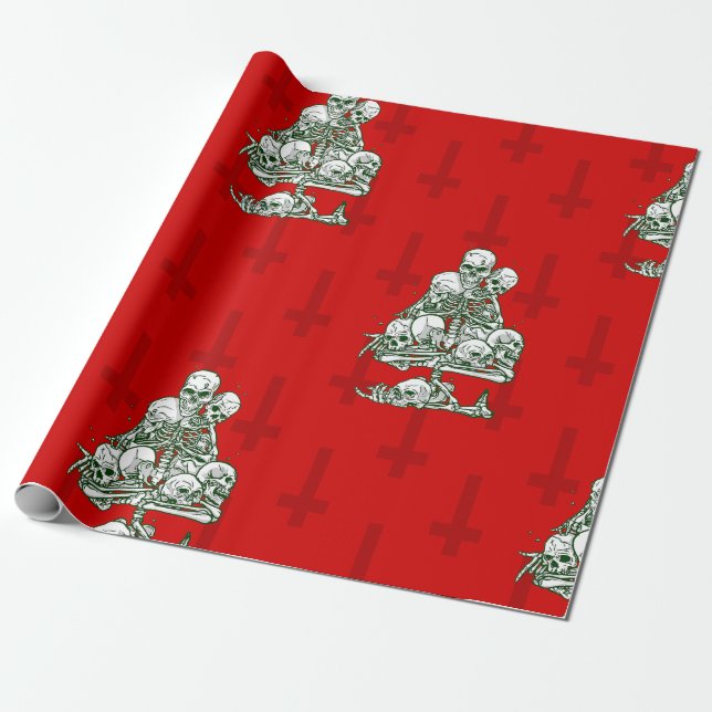 skull ugly christmas tree skeleton gothic cross wrapping paper (Unrolled)