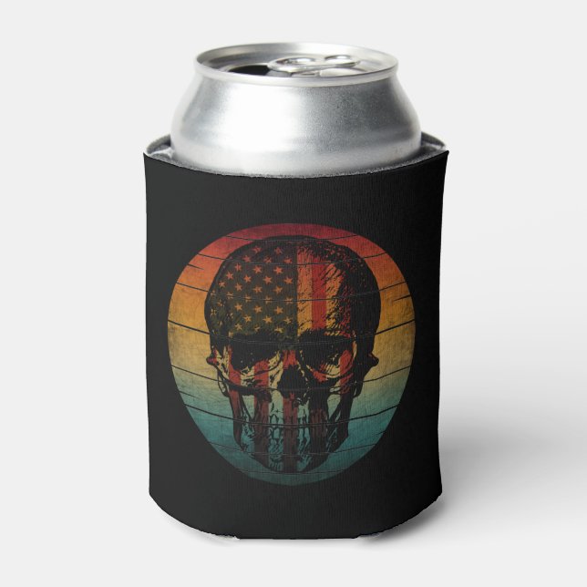 SKULL VINTAGE AMERICAN FLAG GIFT CAN COOLER (Can Front)