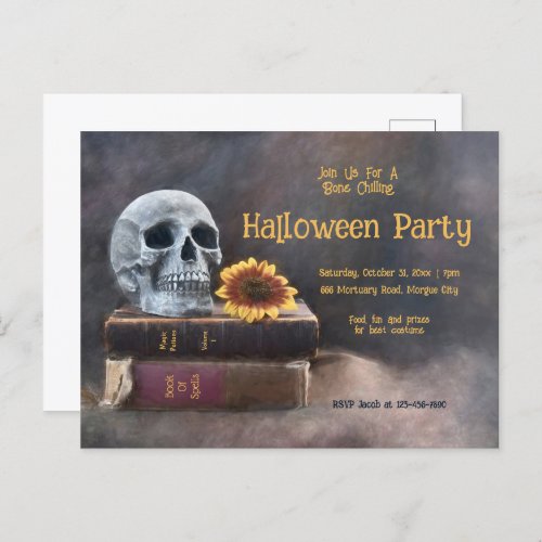 Skull Vintage Books Sunflower Halloween Party Invitation Postcard