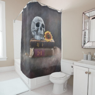 Skull Vintage Books Yellow Sunflower Gothic Shower Curtain