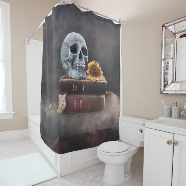 Skull Vintage Books Yellow Sunflower Gothic Shower Curtain (In Situ)