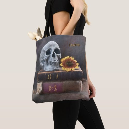 Skull Vintage Books Yellow Sunflower Gothic Tote Bag