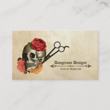 Skull Vintage Floral Hairstylist Hair Stylist Business Card by hellohappy at Zazzle