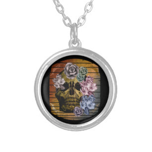 SKULL VINTAGE FLORAL SILVER PLATED NECKLACE