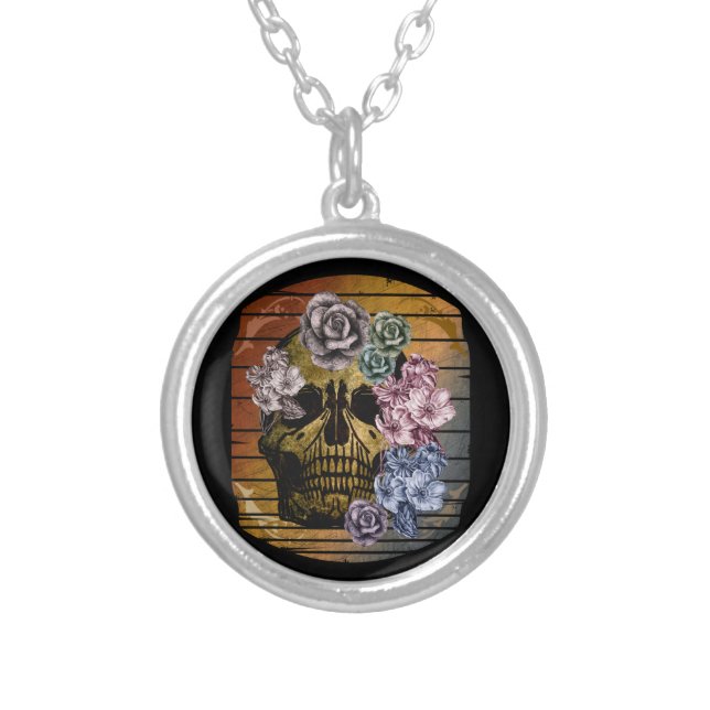 SKULL VINTAGE FLORAL SILVER PLATED NECKLACE (Front)