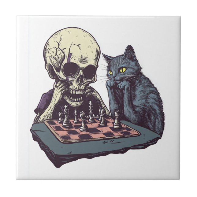 Skull vs Cat � Funny Chess Battle Ceramic Tile (Front)