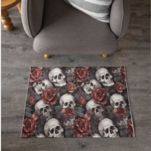 Skull Watercolor Floral Roses Rug