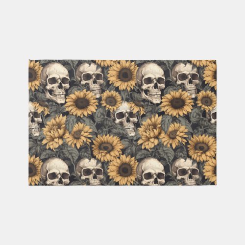 Skull Watercolor Floral Sunflower  Rug