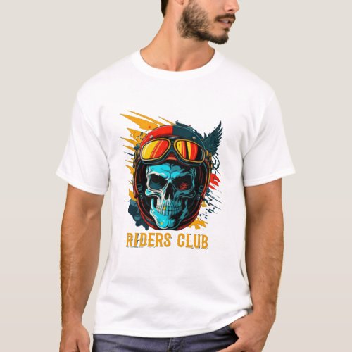 Skull Wearing a Helmet and Goggles Riders Club T_Shirt