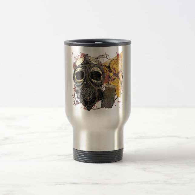 Skull wearing gasmask travel mug (Center)
