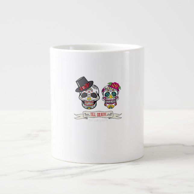 Skull Wedding Bride and Groom Till Death Print Giant Coffee Mug (Front)