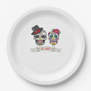 Skull Wedding Bride and Groom Till Death Print Paper Plates