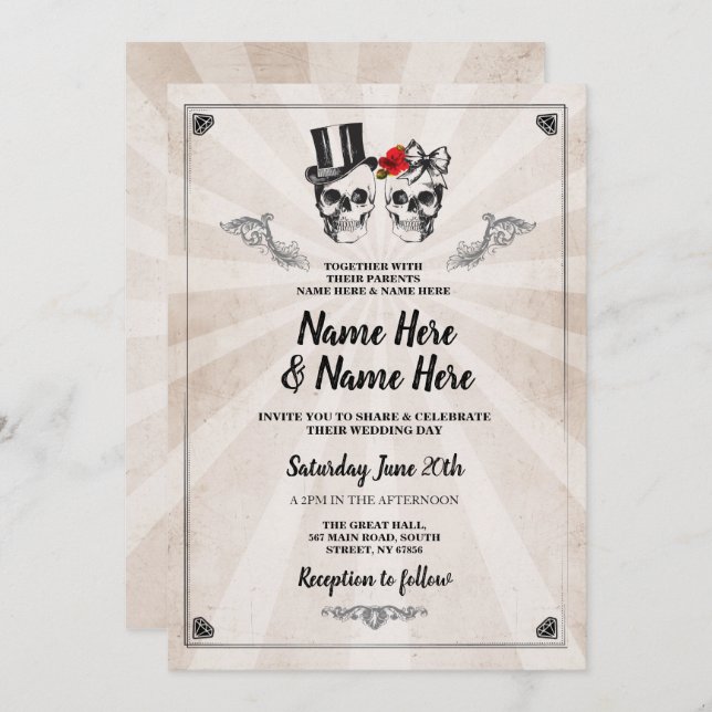 Skull Wedding Halloween Gothic Cream Invite (Front/Back)