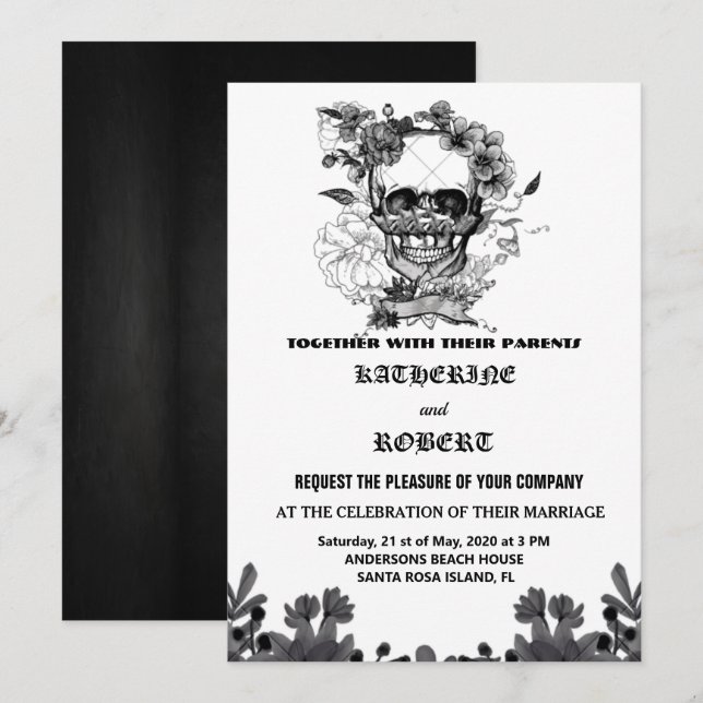 Skull Wedding Halloween Sugar Gothic Floral  Invit Invitation (Front/Back)