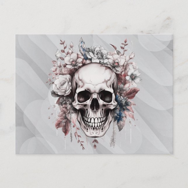 Skull White Flowers Greenery Gray Halloween Holiday Postcard (Front)