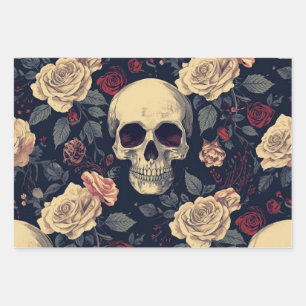 Skull White Rose Wrapping Paper Set of 3 Gothic Fl