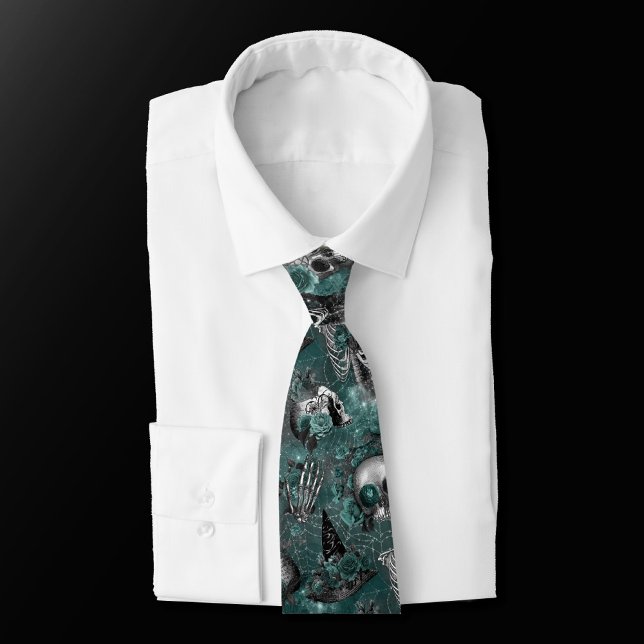 Skull Witch Floral | Dark Gothic Midnight Teal Neck Tie (Creator Uploaded)