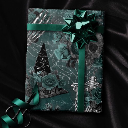 Skull Witch Floral  Dark Gothic Midnight Teal Wrapping Paper