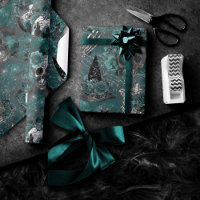 Skull Witch Floral | Dark Gothic Midnight Teal Wrapping Paper
