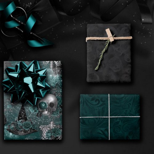 Skull Witch Floral  Dark Gothic Midnight Teal Wrapping Paper Sheets