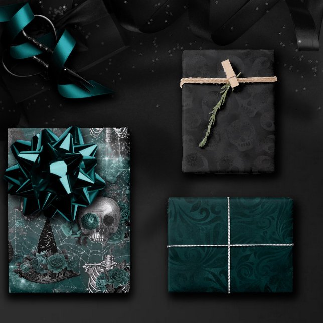 Skull Witch Floral | Dark Gothic Midnight Teal Wrapping Paper Sheets (Creator Uploaded)