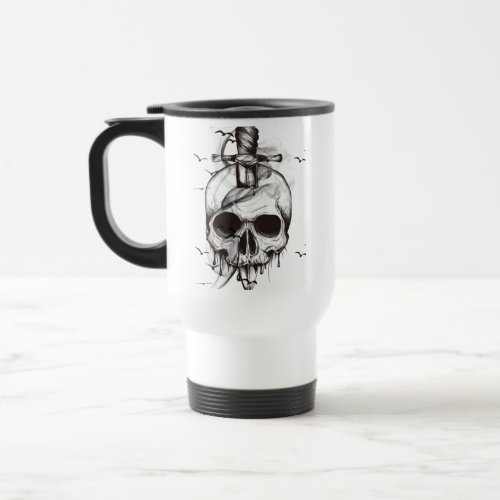 skull with birds travel mug