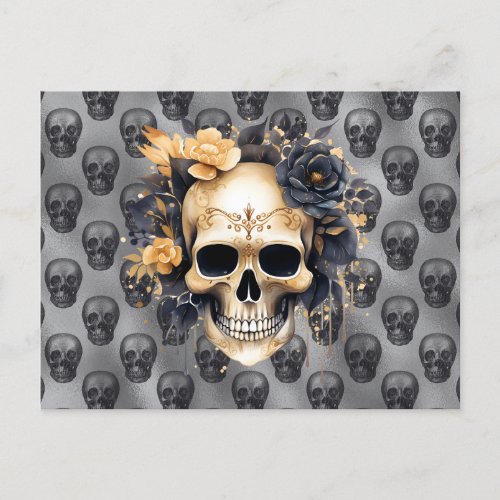 Skull with Black and Gold Roses Silver Halloween Holiday Postcard