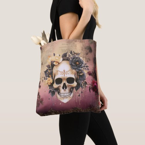 Skull With Blue and Gold Flowers Halloween Tote Bag