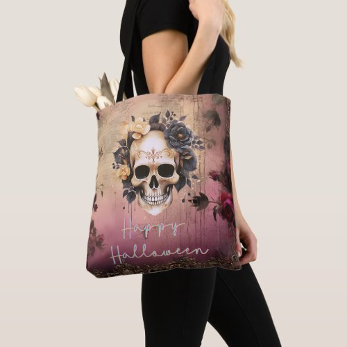 Skull With Blue and Gold Flowers Happy Halloween Tote Bag