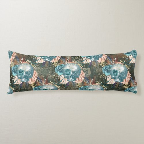 Skull with Blue and Pink Roses Body Pillow