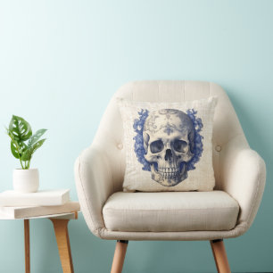 Skull with Blue Flowers Burlap Halloween Throw Pillow