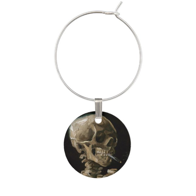 Skull with Burning Cigarette Van Gogh Goth Artwork Wine Glass Charm (Front)