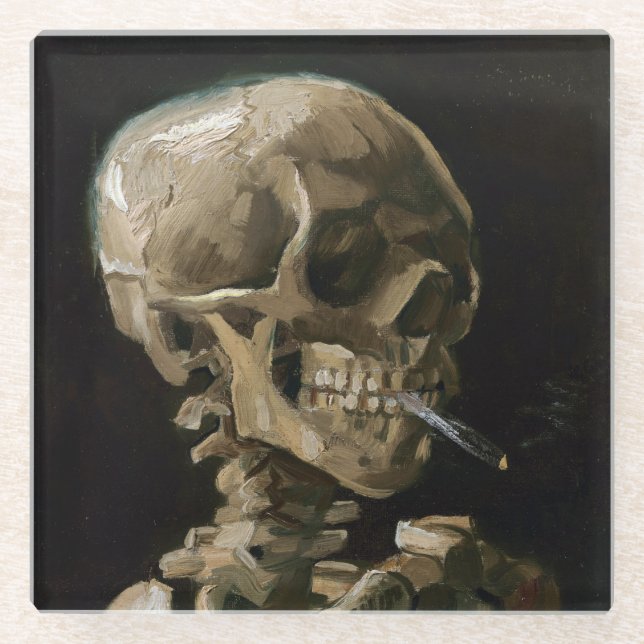 Skull with Burning Cigarette Vincent van Gogh Art Glass Coaster (Front)