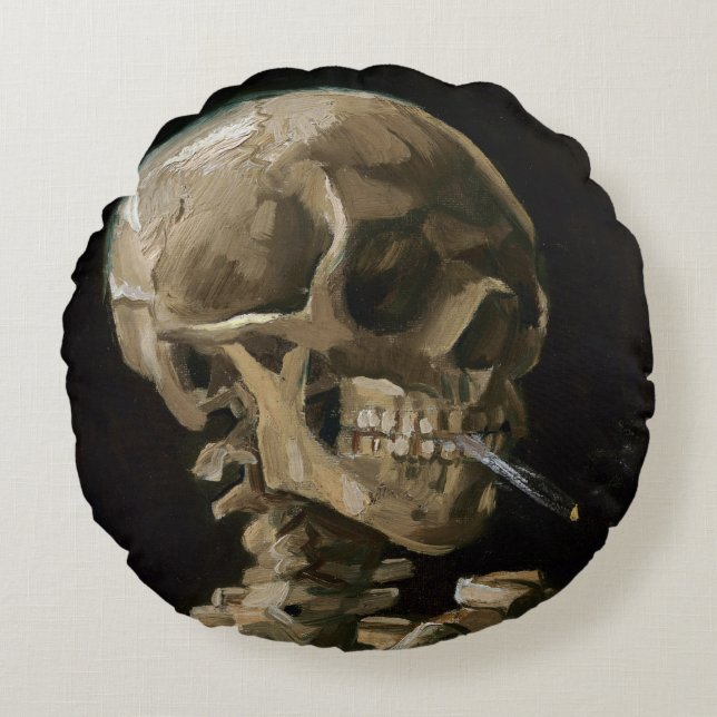 Skull with Burning Cigarette Vincent van Gogh Art Round Pillow (Front)