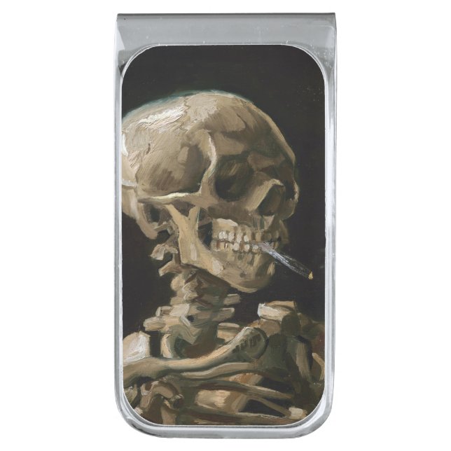 Skull with Burning Cigarette Vincent van Gogh Art Silver Finish Money Clip (Front Vertical)