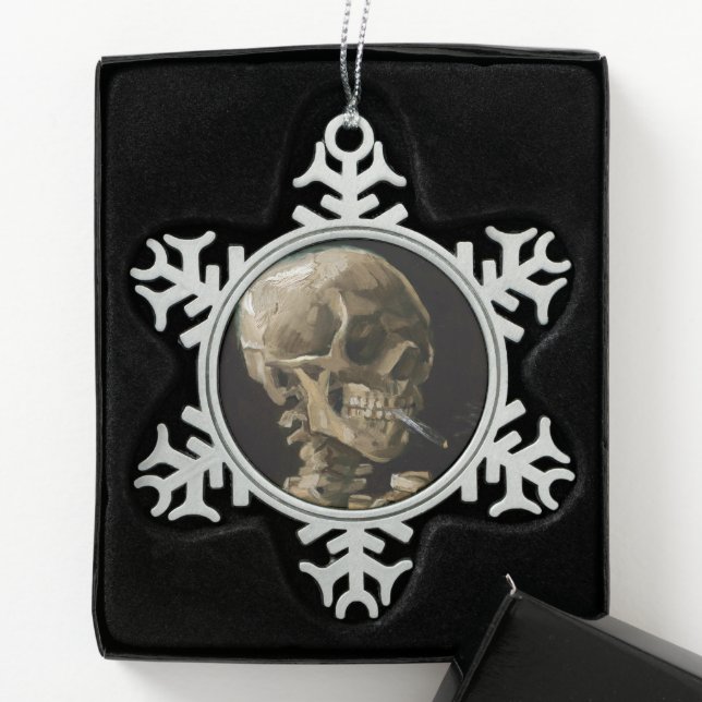 Skull with Burning Cigarette Vincent van Gogh Art Snowflake Pewter Christmas Ornament (Box)