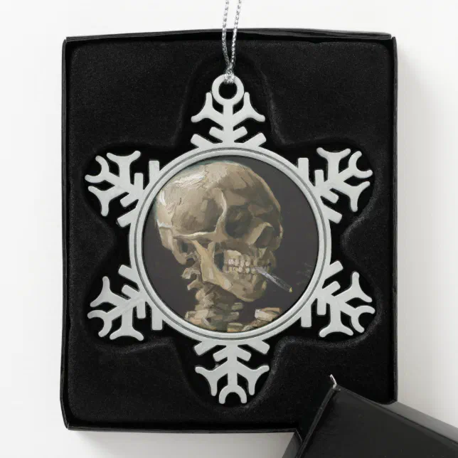 Skull with Burning Cigarette Vincent van Gogh Art Snowflake Pewter Christmas  Ornament