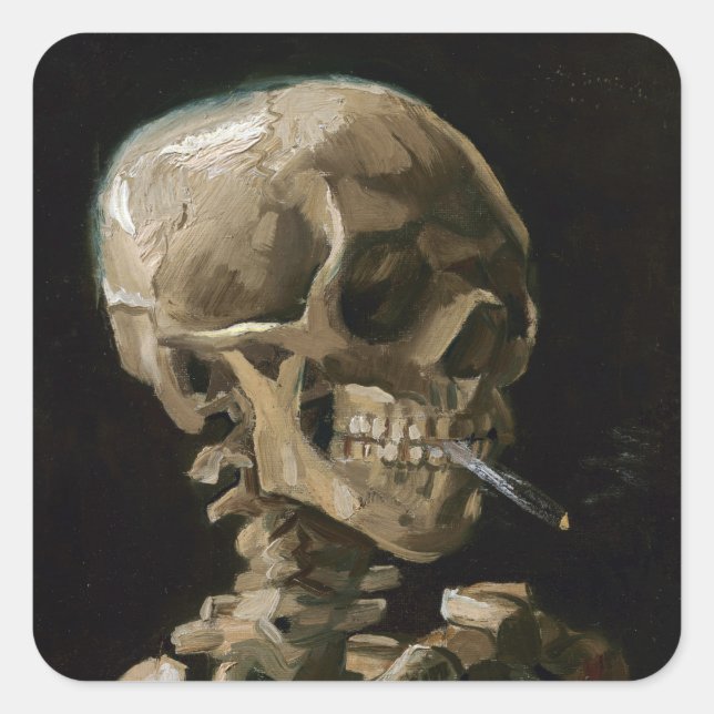 Skull with Burning Cigarette Vincent van Gogh Art Square Sticker (Front)