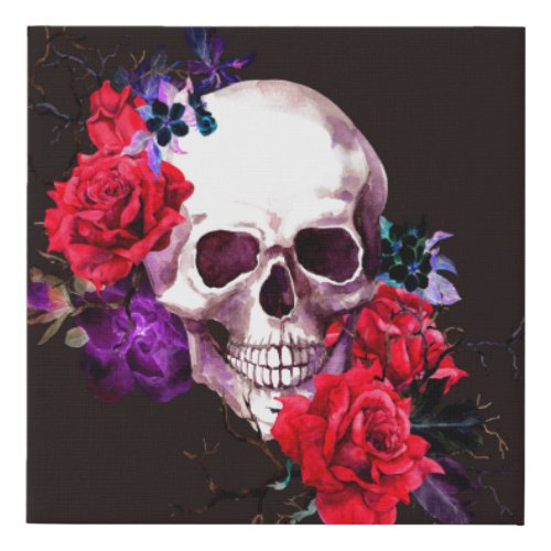Skull with dark flowers branches and red roses sea faux canvas print