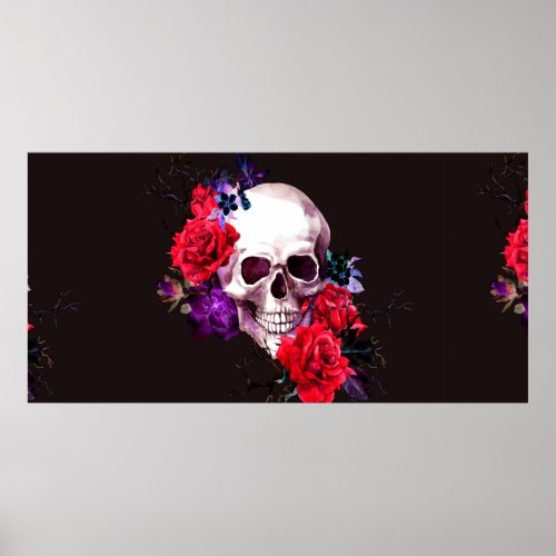 Skull with dark flowers branches and red roses sea poster