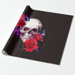 Skull with dark flowers branches and red roses sea wrapping paper