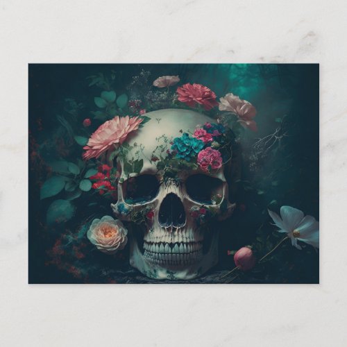 skull with decorative flowers postcard