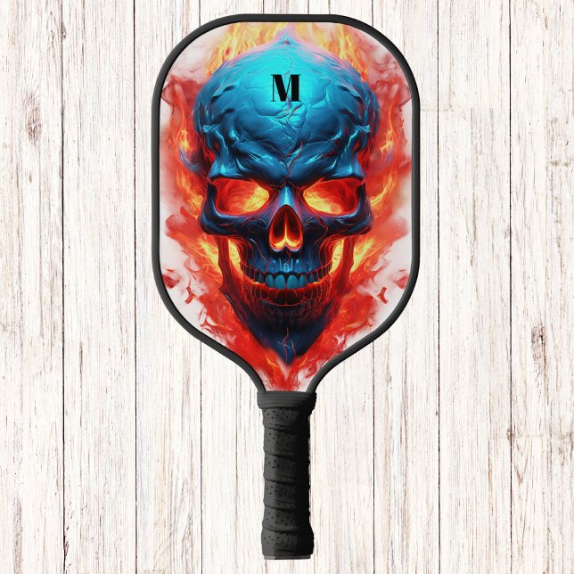 Skull with Flames Modern Monogram Pickleball Paddle (Creator Uploaded)