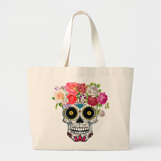 Skull with Floral Large Tote Bag (Front)
